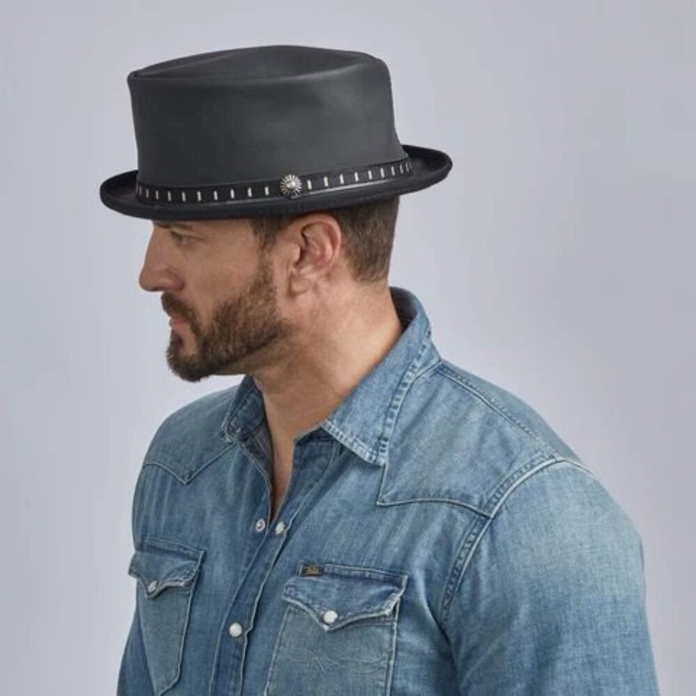 American‎ Hat Makers XXL Black Folsom by Ashbury Hats Pork Pie Leather Fedora